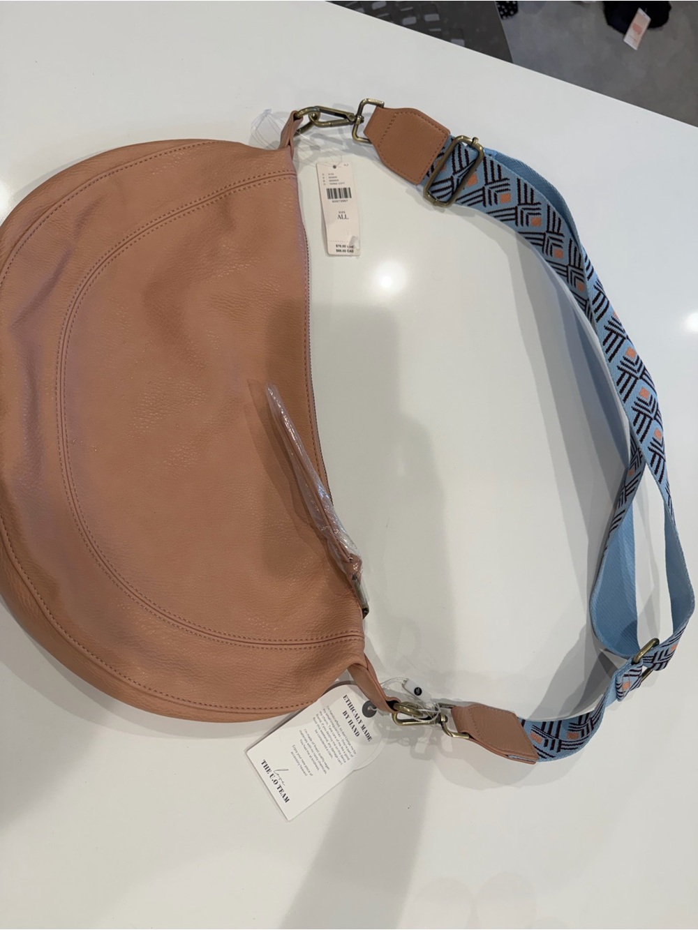 Anthropologie Peach Leather Hobo with Blue Patterned Strap